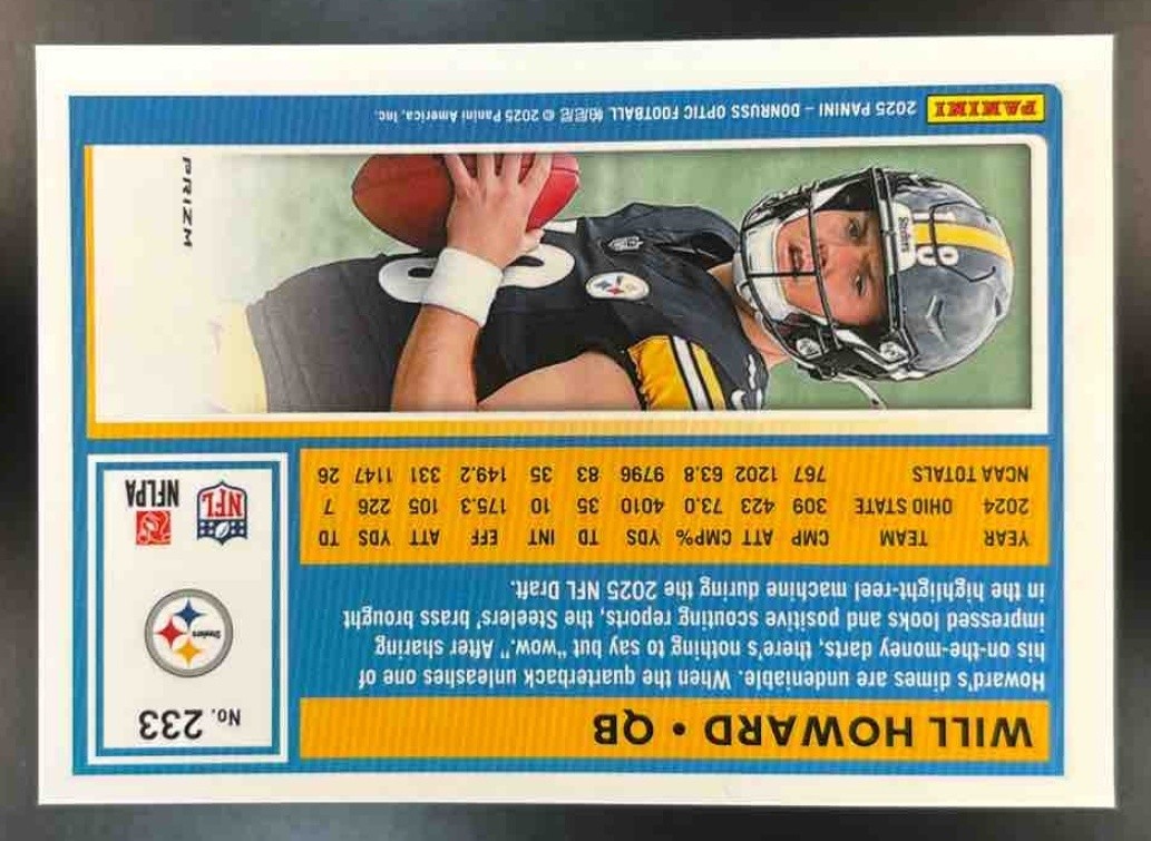 2025 Donruss Optic Will Howard Rated Rookie Holo Prizm #233 Pittsburgh Steelers - Sports Cards