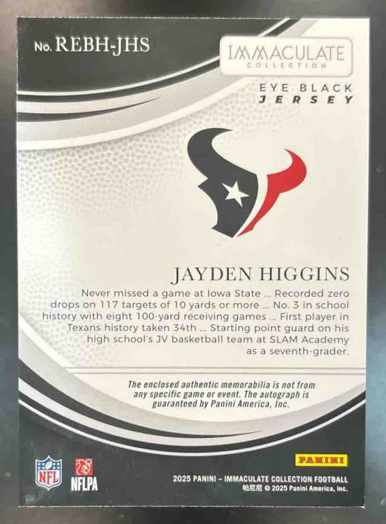 2025 Immaculate Collection Jayden Higgins Eye Black Patch Auto /99 MEM RC Texans - Sports Cards