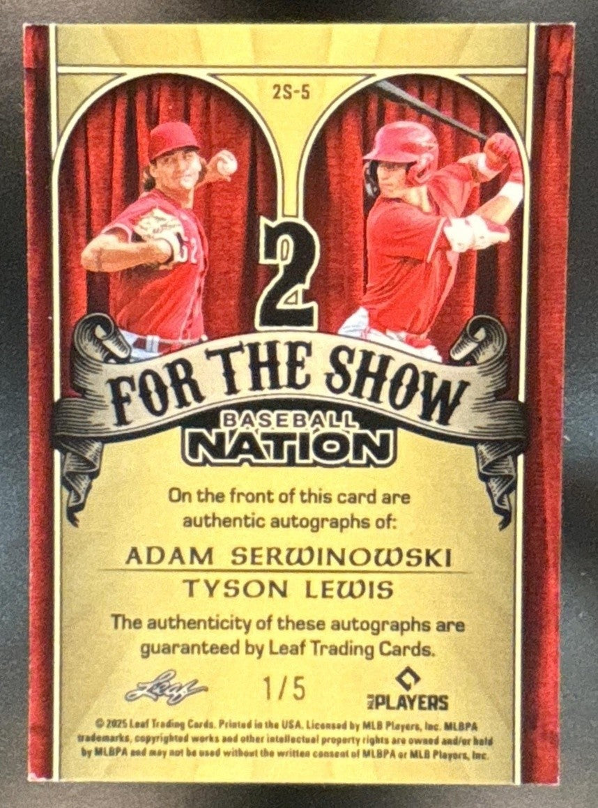 2025 Leaf Baseball Nation Adam Serwinowski Tyson Lewis 2 for the Show Auto 1/5 - Sports Cards
