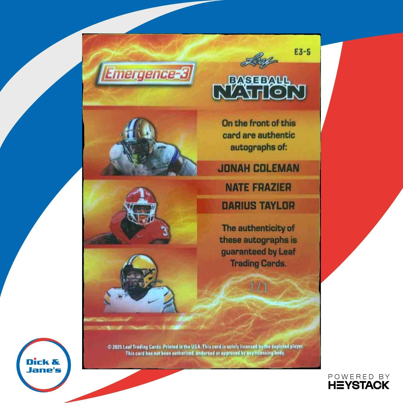 2025 Leaf Football Jonah Coleman Nate Frazier Darius Taylor Emergence 3 1/1 - Sports Cards