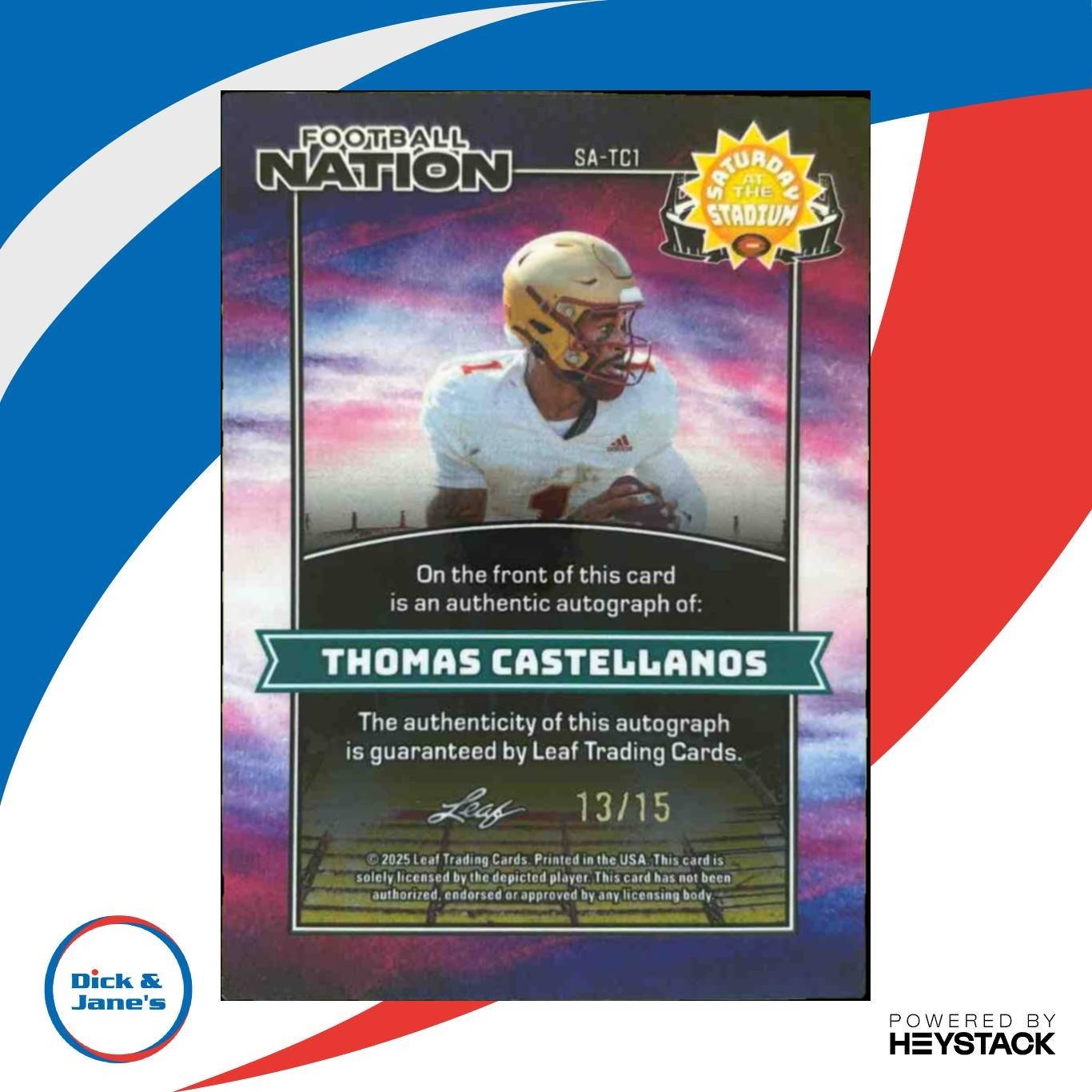 2025 Leaf Football Nation Thomas Castellanos Saturday at the Stadium Auto /15 - Sports Cards