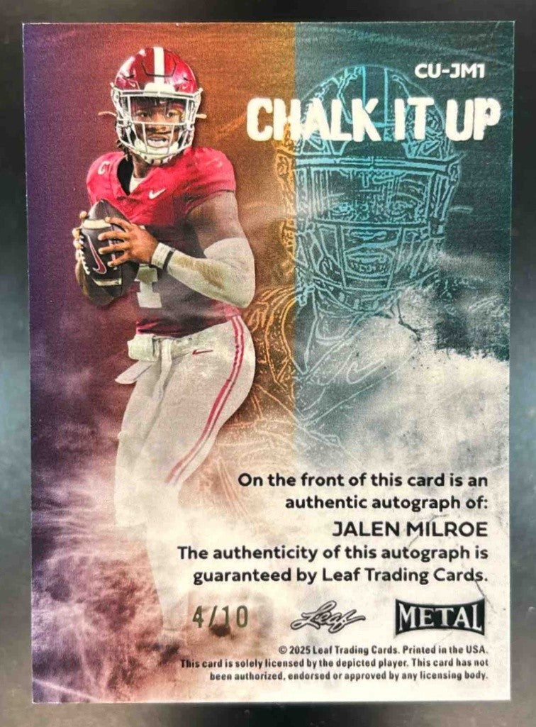 2025 Leaf Metal Jalen Milroe Chalk it Up Sparkle Silver Auto /10 #CU-JM1 Auto - Sports Cards
