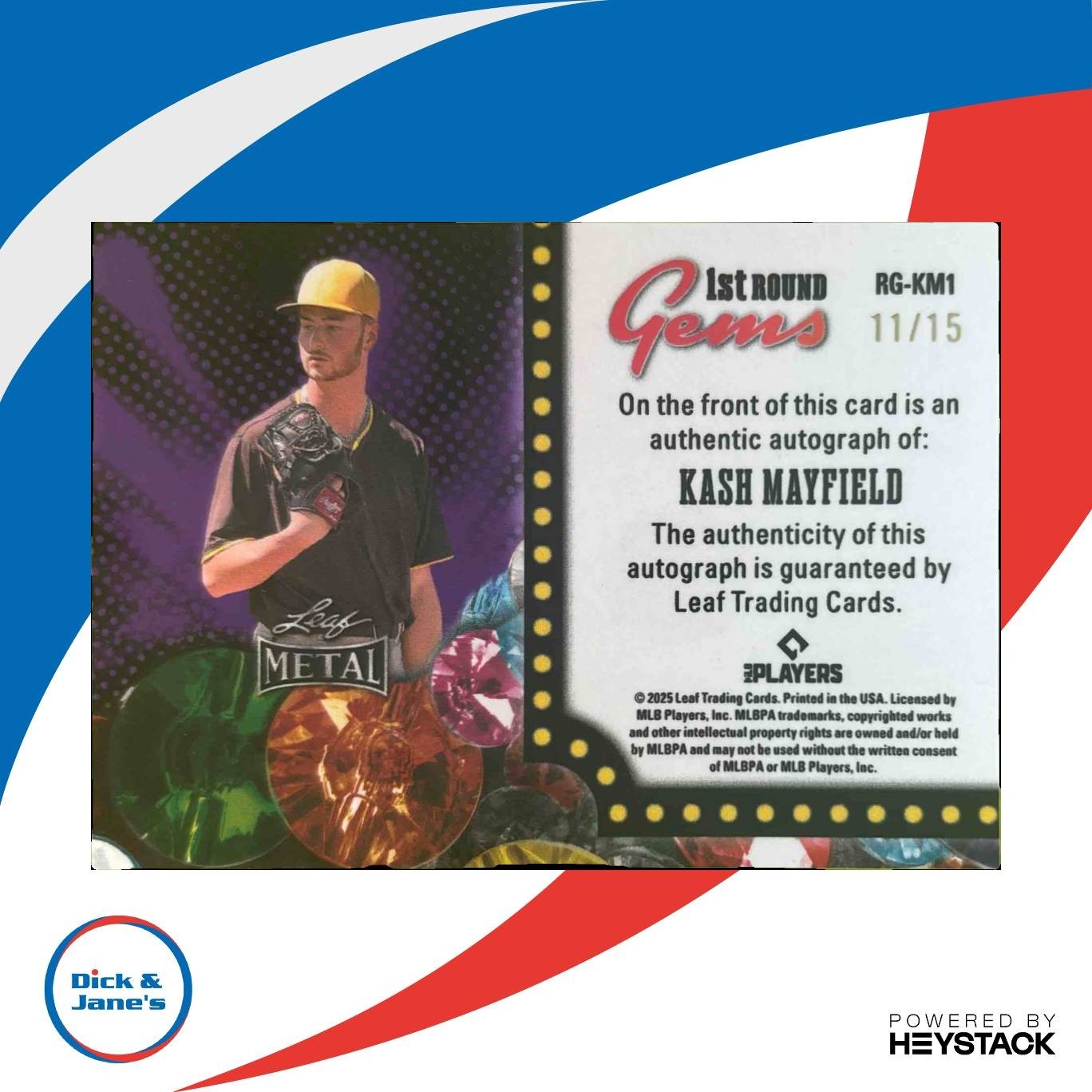 2025 Leaf Metal Kash Mayfield 1st Prospect Round Gems Auto Prismatic Red 11/15 - Sports Cards