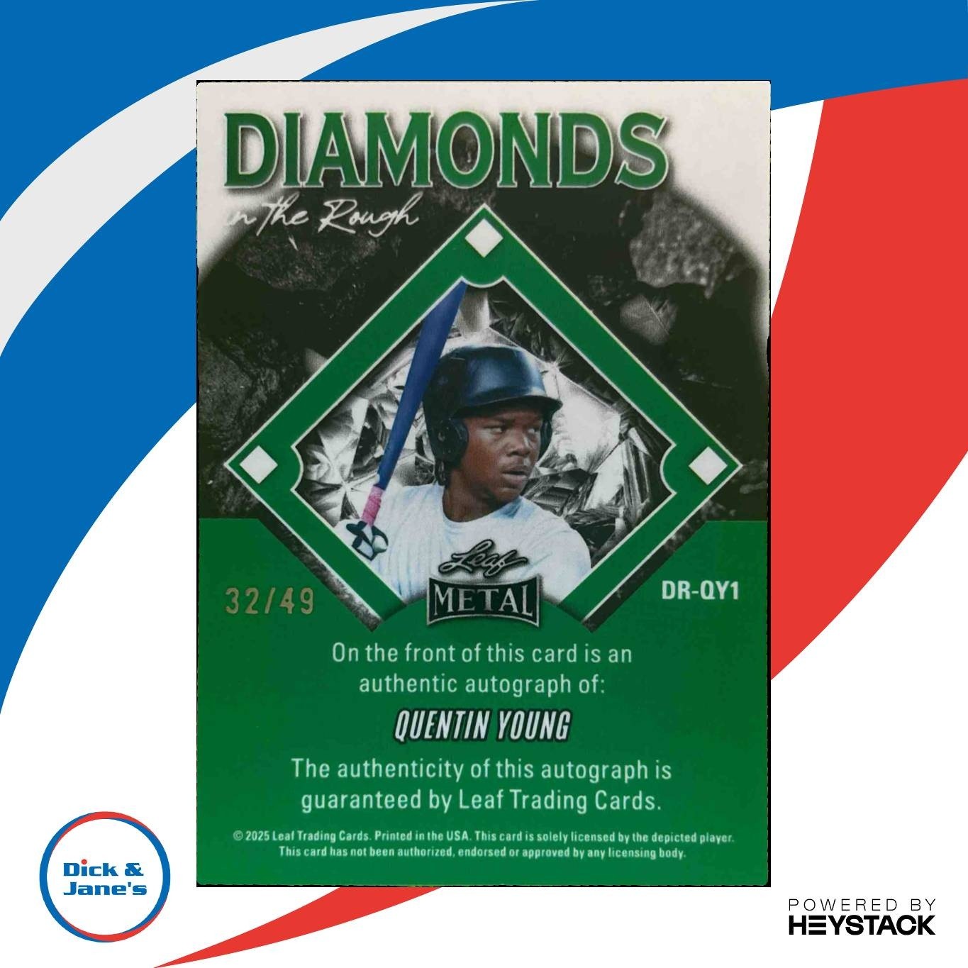 2025 Leaf Metal Quentin Young Diamond in the Rough Auto Silver /49 #DR-QY1 - Sports Cards