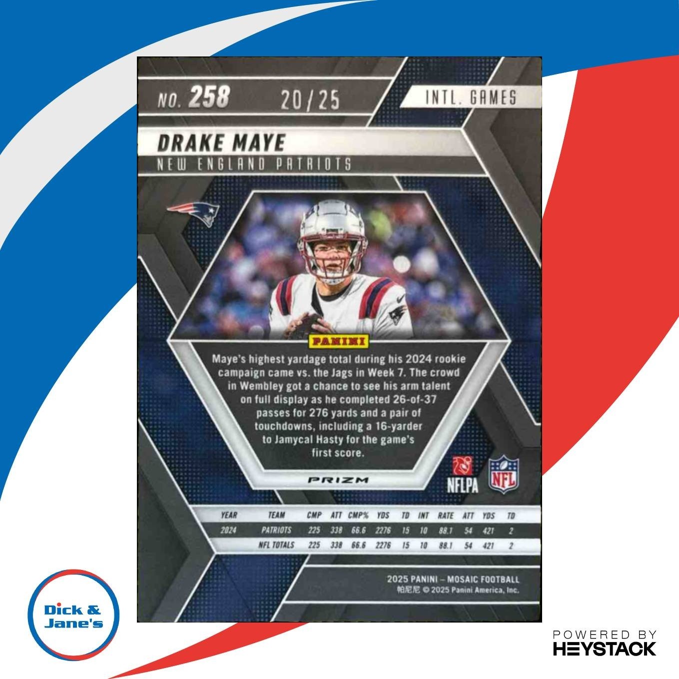 2025 Mosaic Drake Maye International Games White Prizm /25 #258 Patriots - Sports Cards