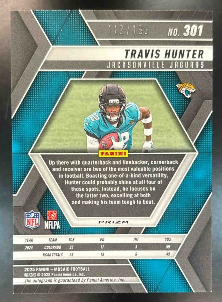 2025 Mosaic Travis Hunter Rookie Auto Red Prizm /199 #301 RC Jacksonville Jaguar - Sports Cards