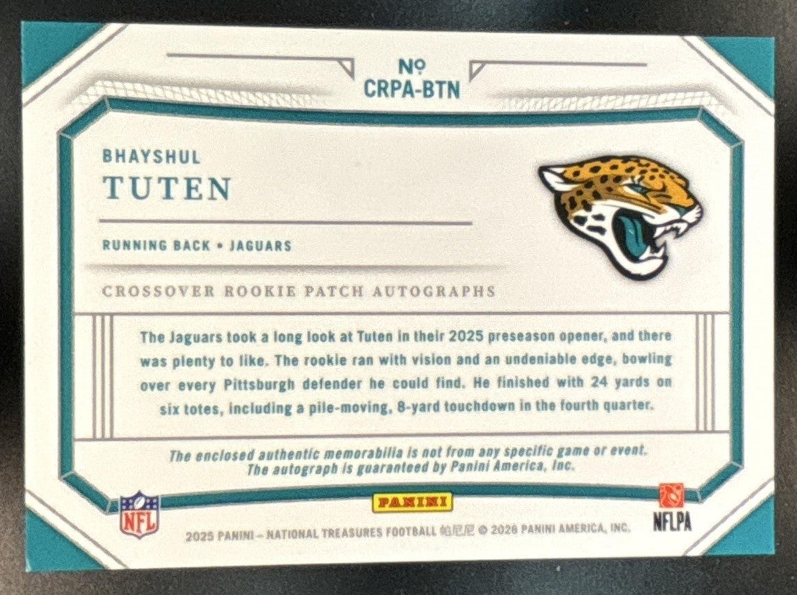 2025 National Treasures Bhayshul Tuten Crossover Patch Auto /25 MEM RC Jaguars - Sports Cards