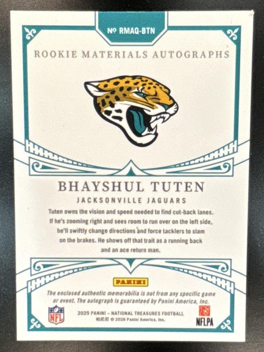 2025 National Treasures Bhayshul Tuten Quad Patch Auto /99 MEM RC Jaguars - Sports Cards