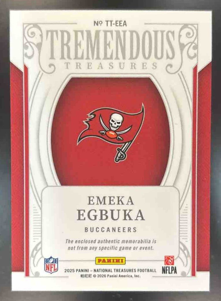2025 National Treasures Emeka Egbuka Tremendous Treasures /99 MEM RC Buccaneers - Sports Cards