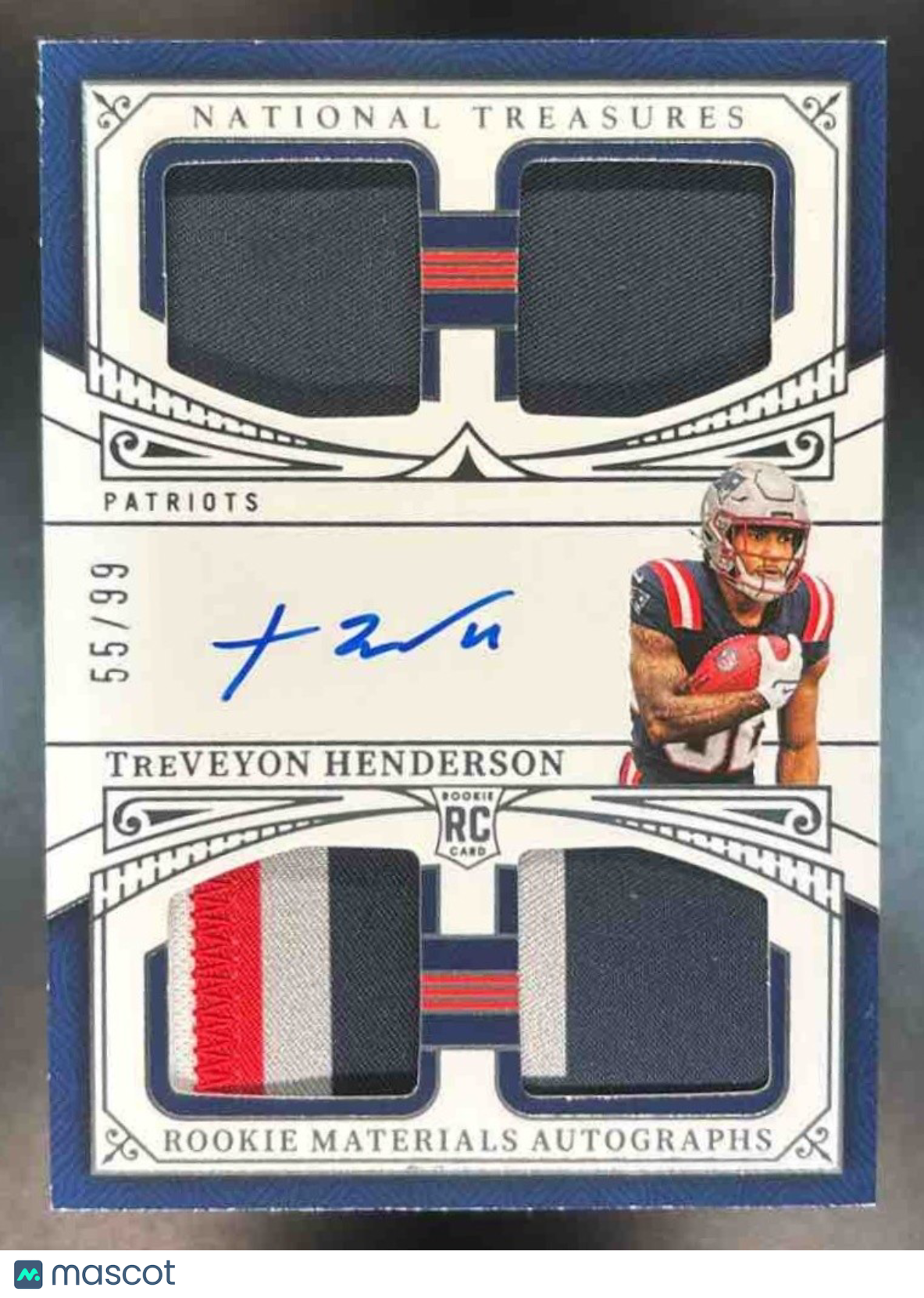 2025 National Treasures TreVeyon Henderson Quad Patch Auto /99 MEM RC Patriots - Sports Cards