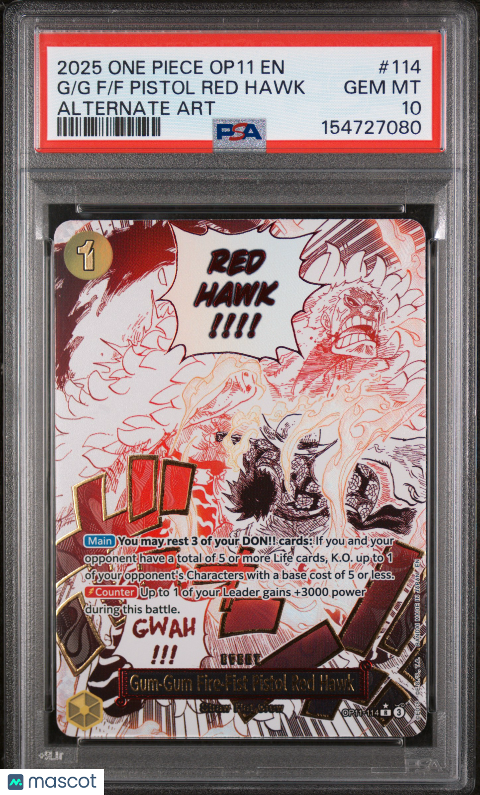 2025 One Piece OP11-A Fist Of Divine Speed Pistol Red Hawk Alt Art PSA 10 - Graded TCG/CCG