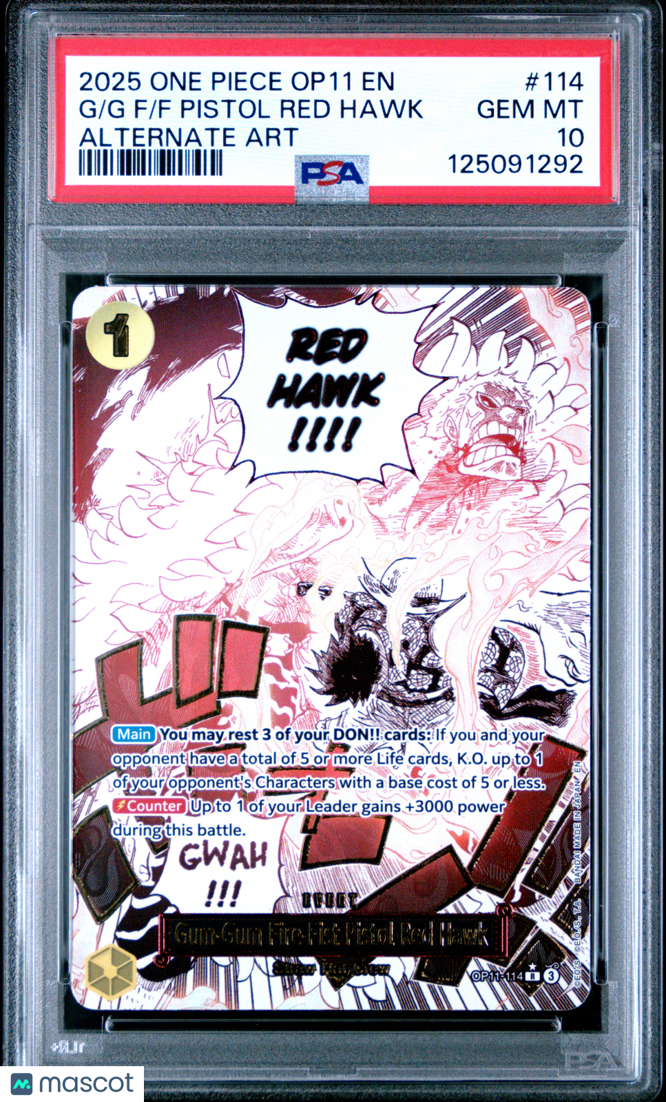 2025 One Piece OP11 Alternate Art #114 G/G F/F Pistol Red Hawk PSA 10 - Graded TCG/CCG