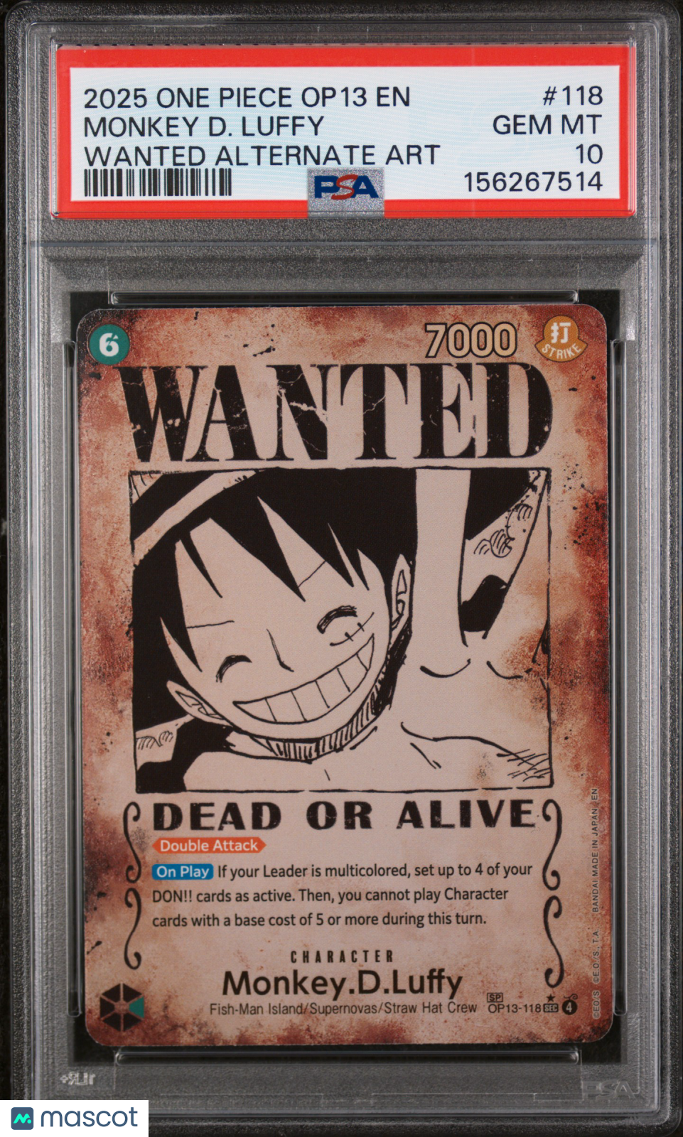 2025 One Piece OP13-Carrying On His Will Monkey D. Luffy Wanted Alt Art PSA 10 - Graded TCG/CCG