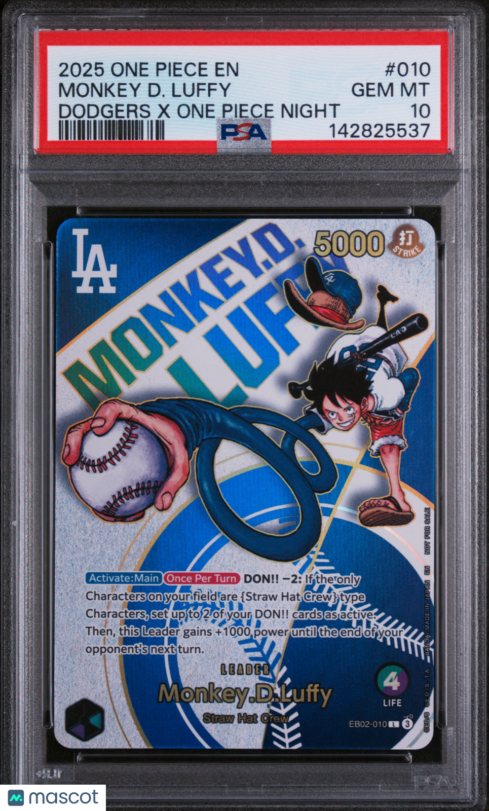 2025 One Piece Promos Monkey D. Luffy Dodgers X One Piece Night PSA 10 GEM MINT - Graded TCG/CCG