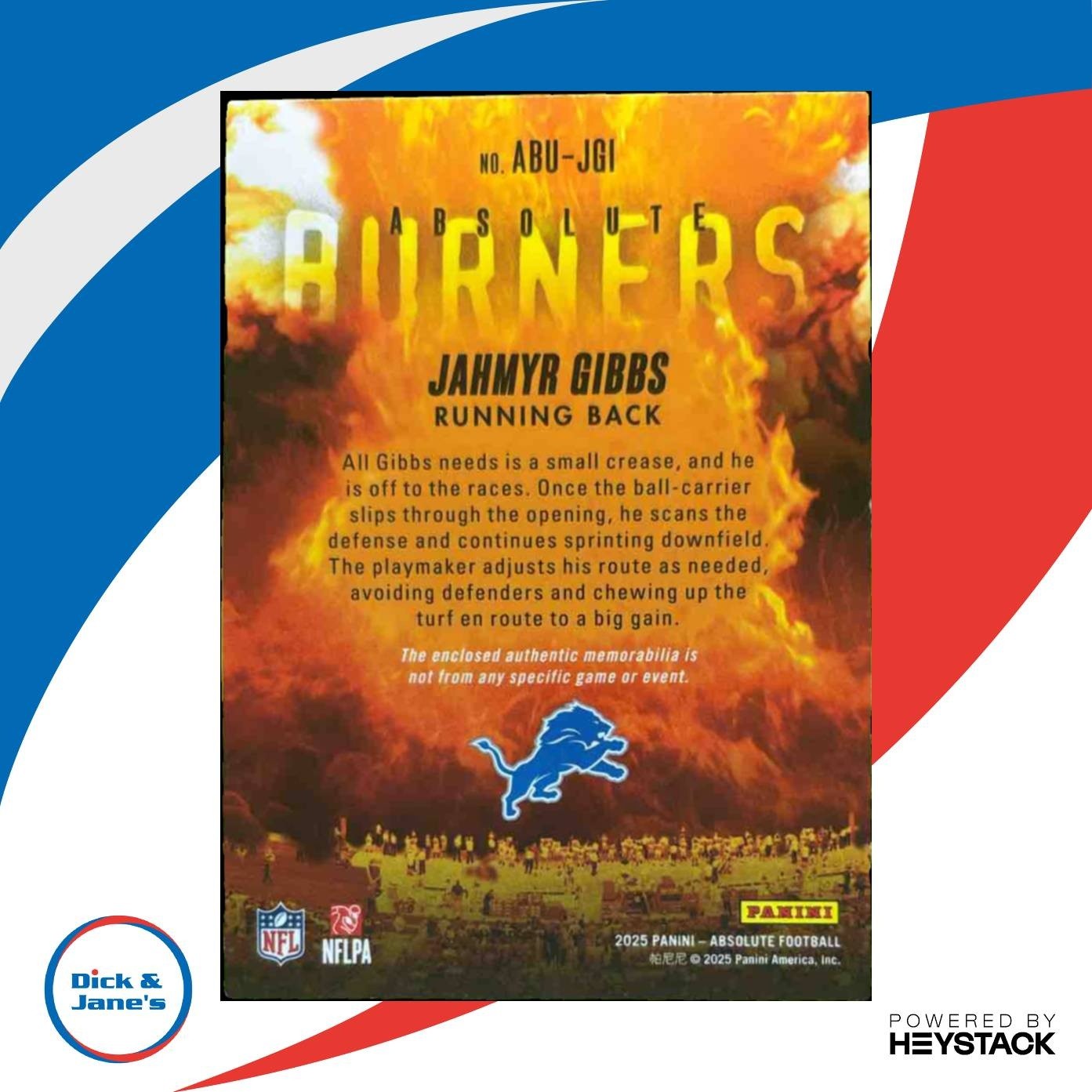 2025 Panini Absolute Jahmyr Gibbs Burners Patch Gold /99 #ABU-JGI Detroit Lions - Sports Cards