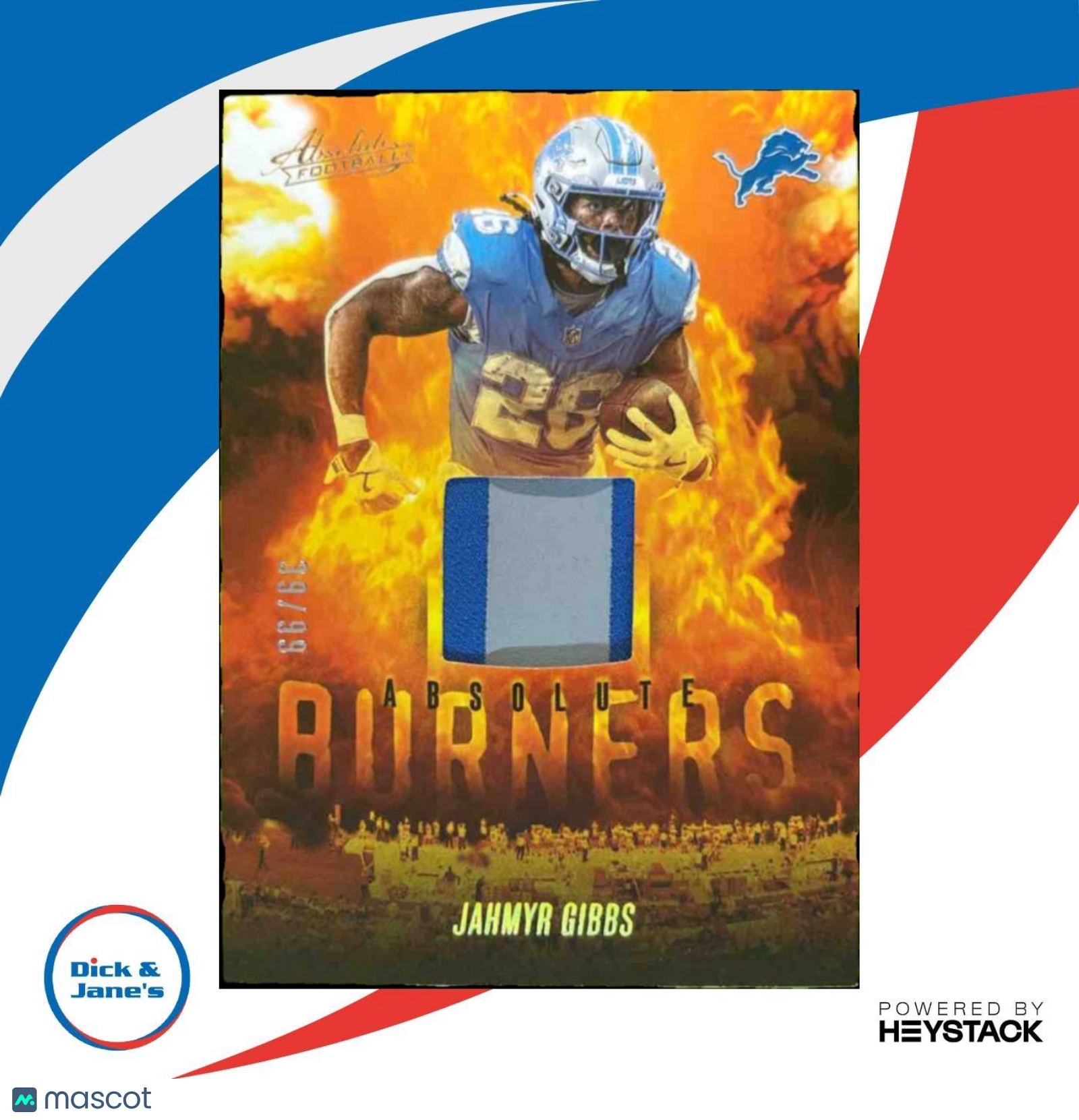 2025 Panini Absolute Jahmyr Gibbs Burners Patch Gold /99 #ABU-JGI Detroit Lions - Sports Cards