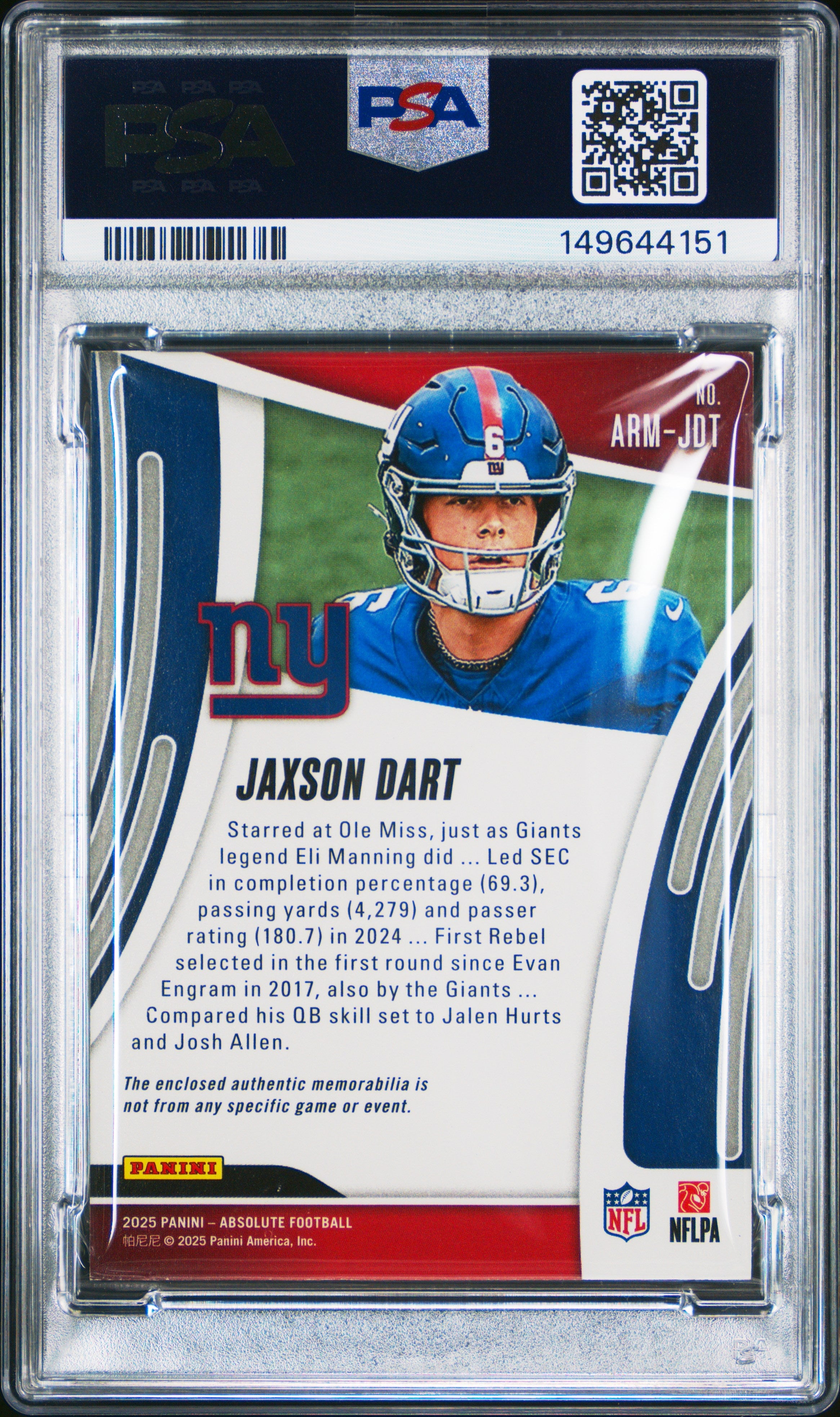 2025 Panini Absolute Absolute Rookie Materials Jaxson Dart #ARM-JDT PSA 8 - Graded Sports Cards