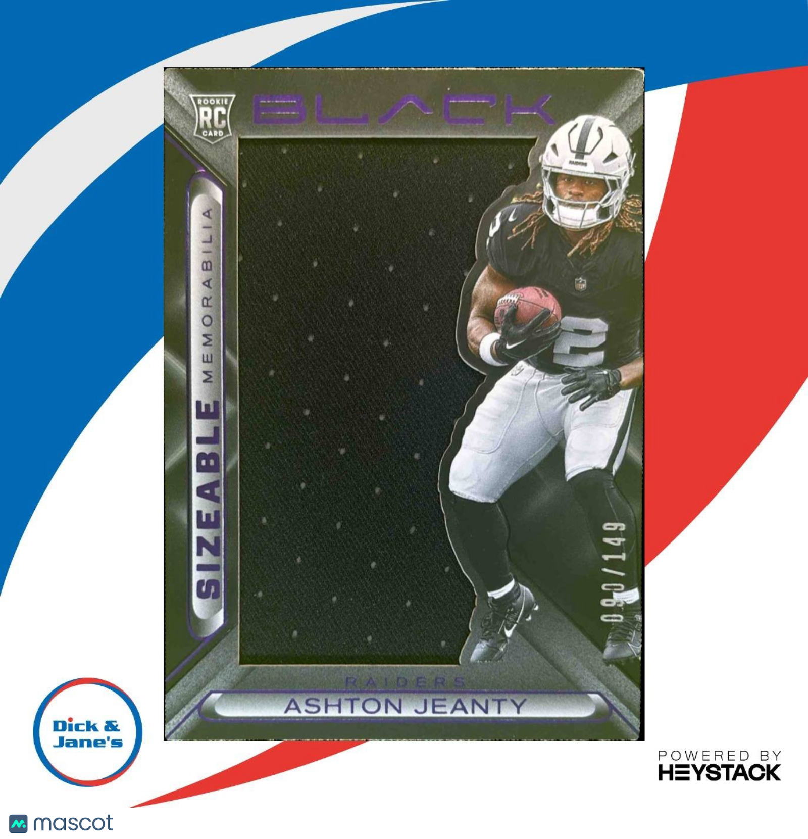 2025 Panini Black Ashton Jeanty Sizeable Rookie Memorabilia /149 MEM RC Raiders - Sports Cards