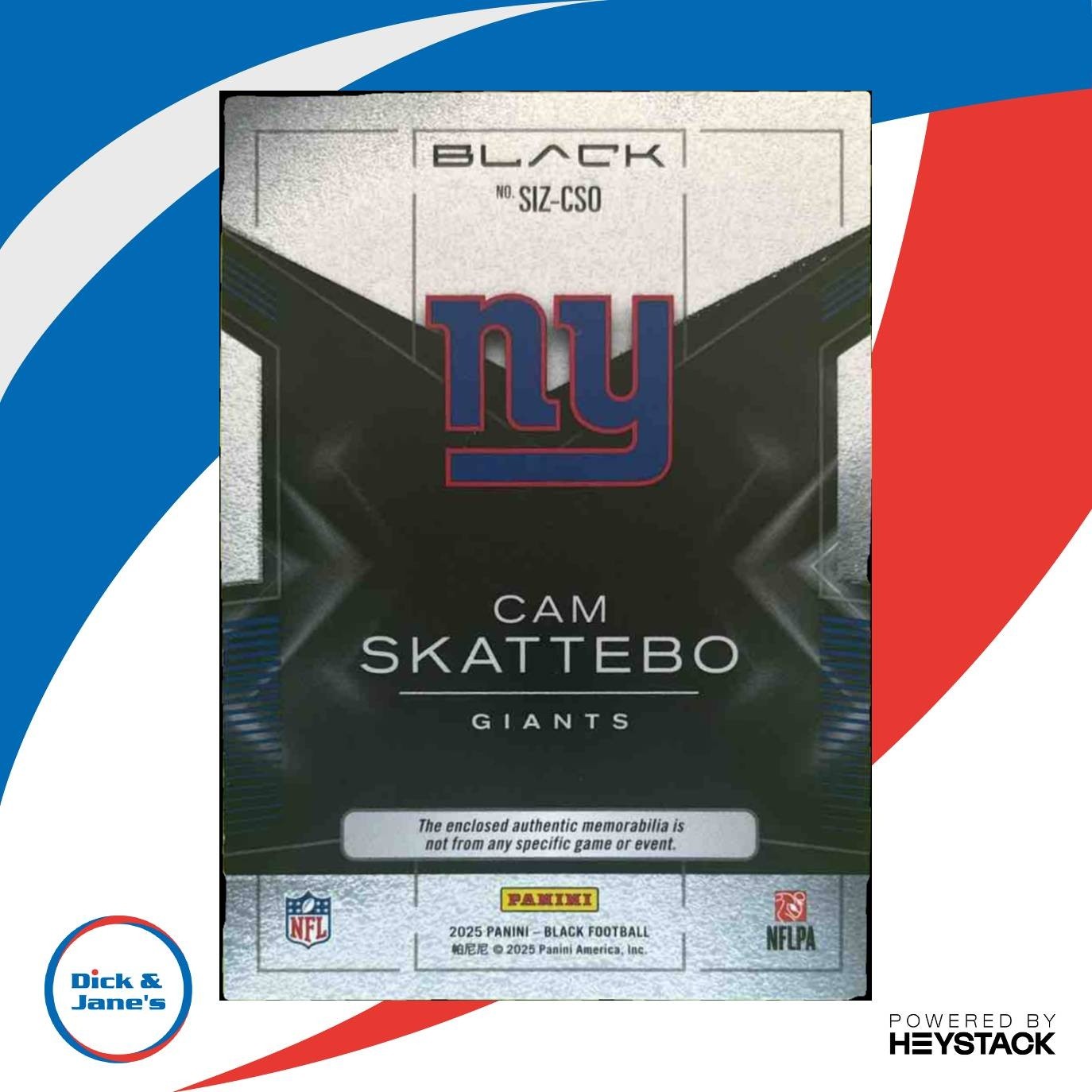 2025 Panini Black Cam Skattebo Sizeable Rookie Memorabilia /149 RC Giants - Sports Cards