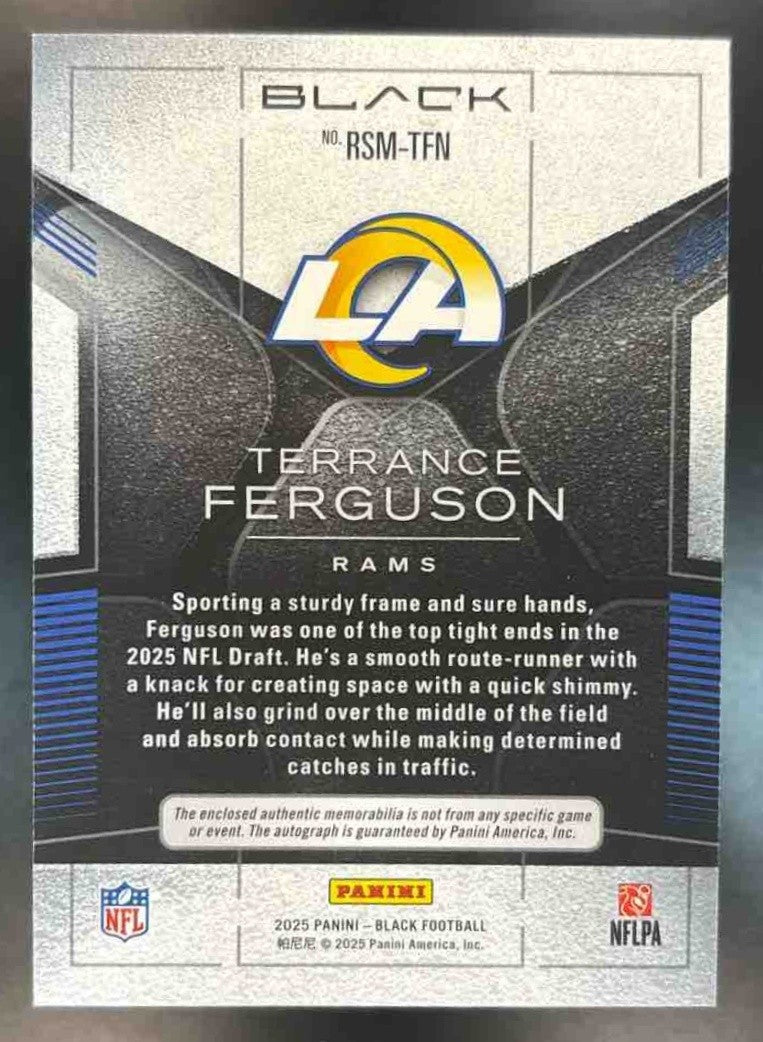 2025 Panini Black Terrance Ferguson Dual Patch Auto /149 MEM RC Auto Rams - Sports Cards