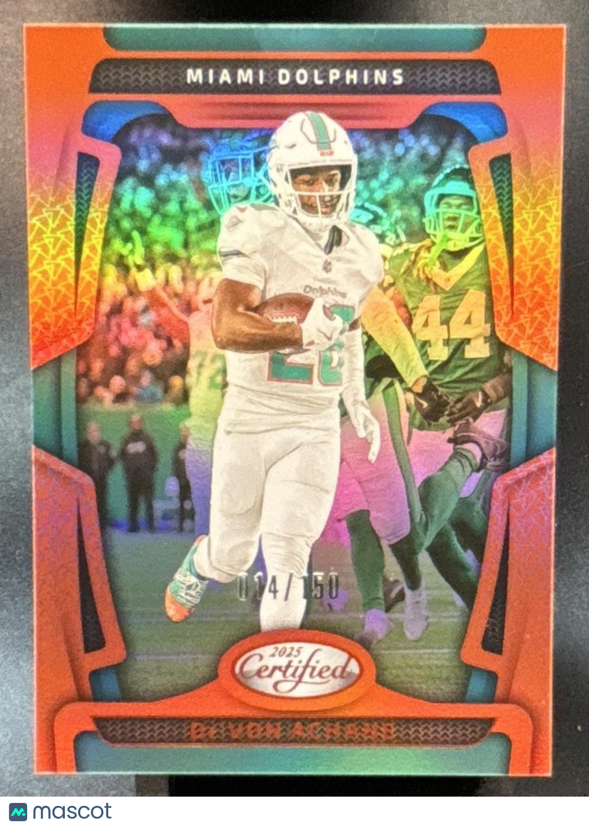 2025 Panini Certified De’Von Achane Mirror Orange /150 #63 Miami Dolphins - Sports Cards