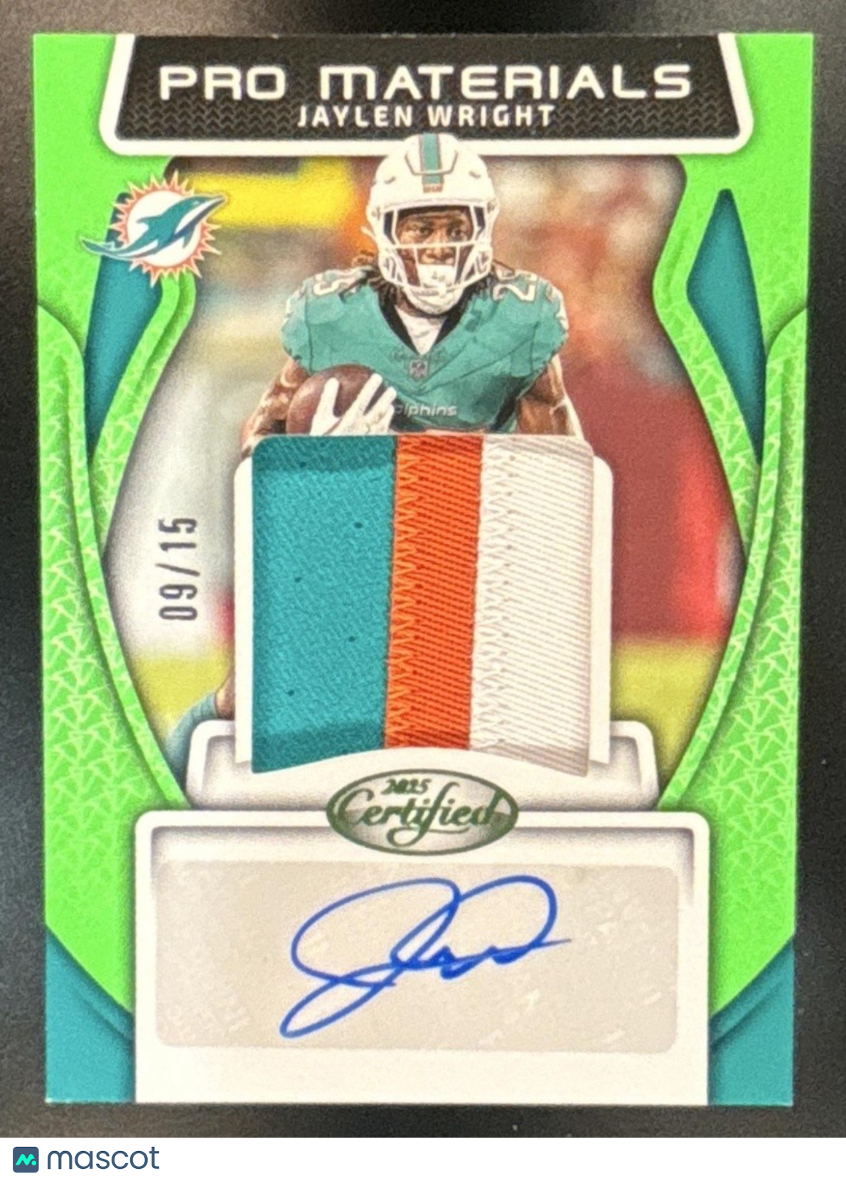 2025 Panini Certified Jaylen Wright Pro Materials Auto Green /15 Auto Dolphins - Sports Cards