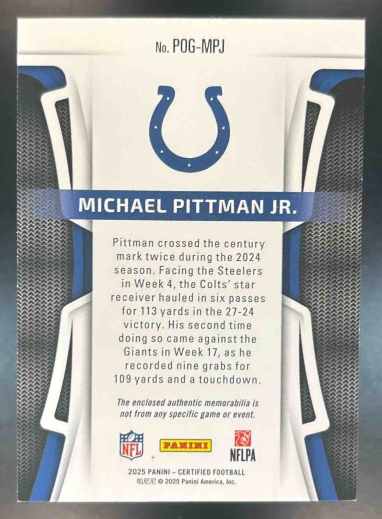 2025 Panini Certified Michael Pittman Jr. Piece of the Game /299 MEM Colts - Sports Cards
