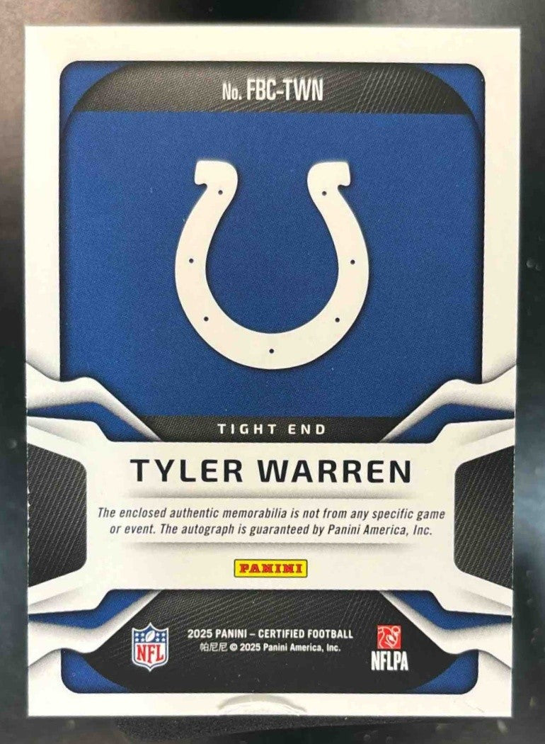 2025 Panini Certified Tyler Warren Freshman Fabric Signatures /249 MEM RC Auto - Sports Cards