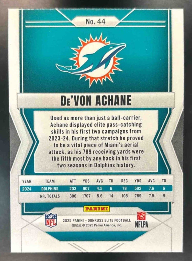 2025 Panini Donruss Elite De’Von Achane Orange /849 #44 Miami Dolphins - Sports Cards