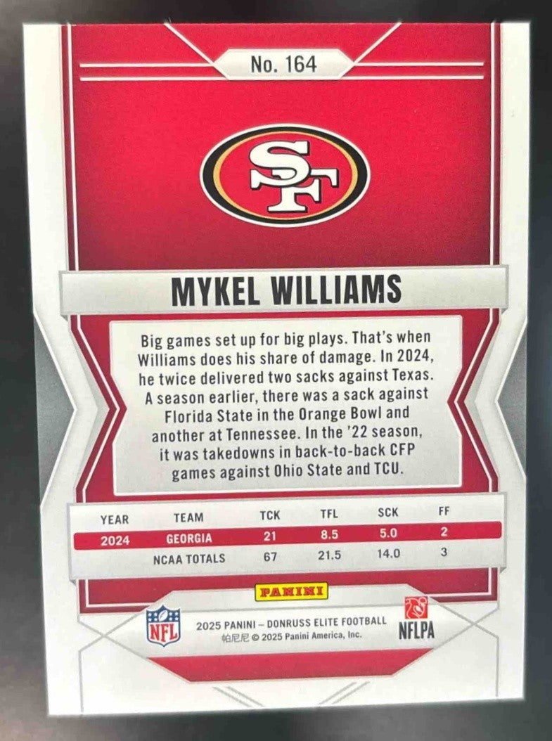 2025 Panini Donruss Elite Mykel Williams Orange /849 #164 RC San Francisco 49ers - Sports Cards