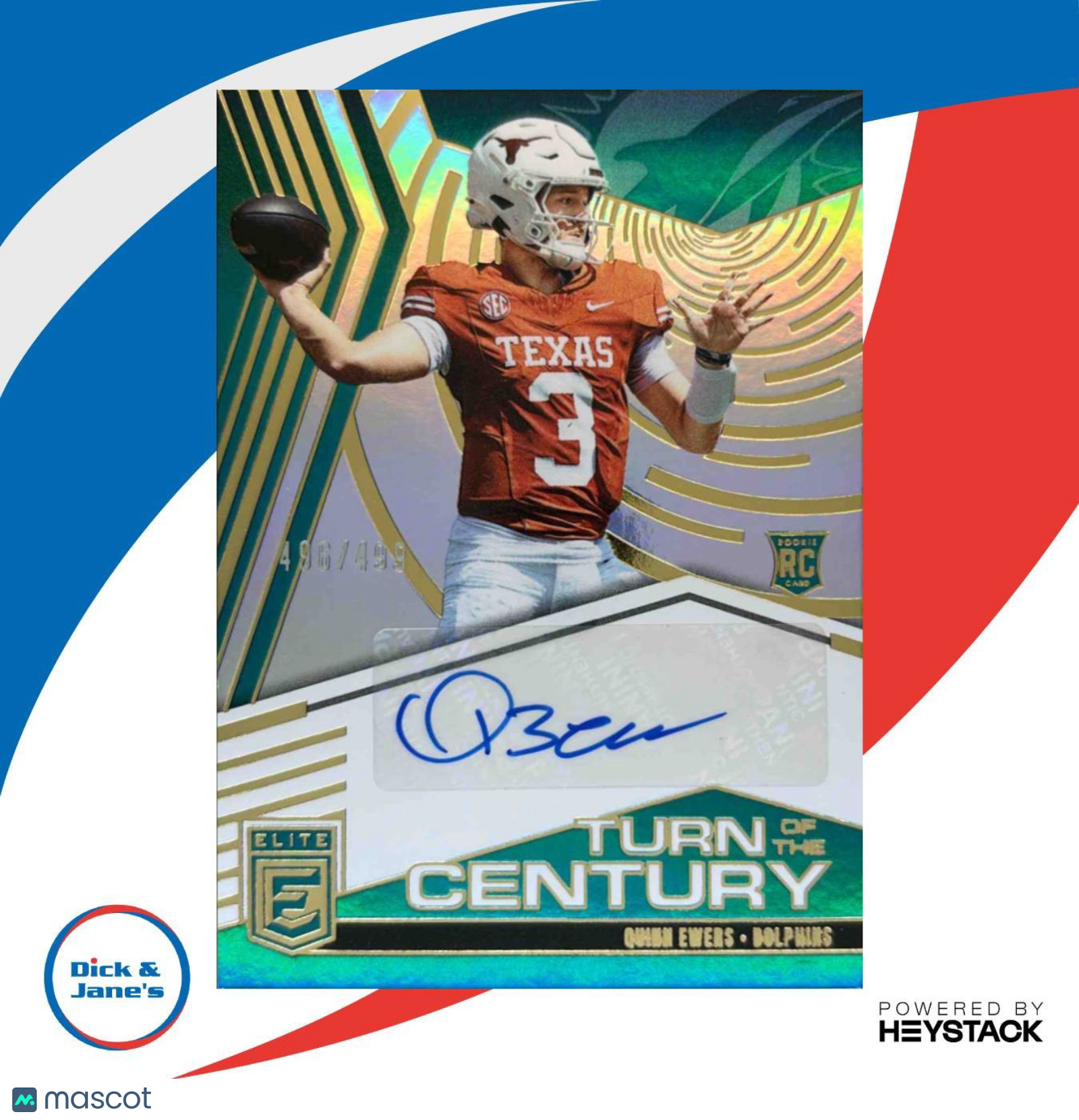 2025 Panini Donruss Elite Quinn Ewers Turn of the Century Auto 46/499 Dolphins - Sports Cards