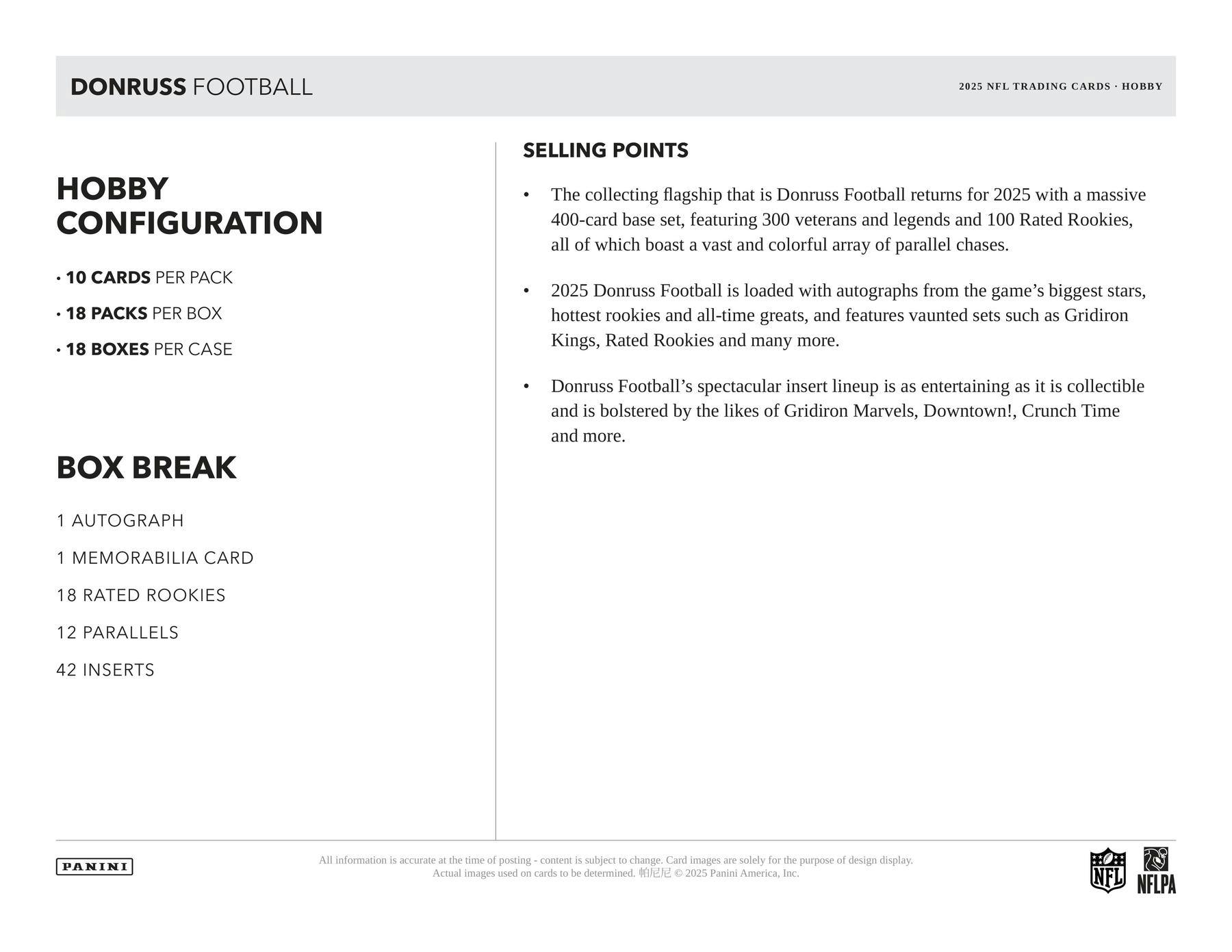 2025 Panini Donruss Football Hobby Box (1 Auto / 1 Mem) - NFL Hobby Box