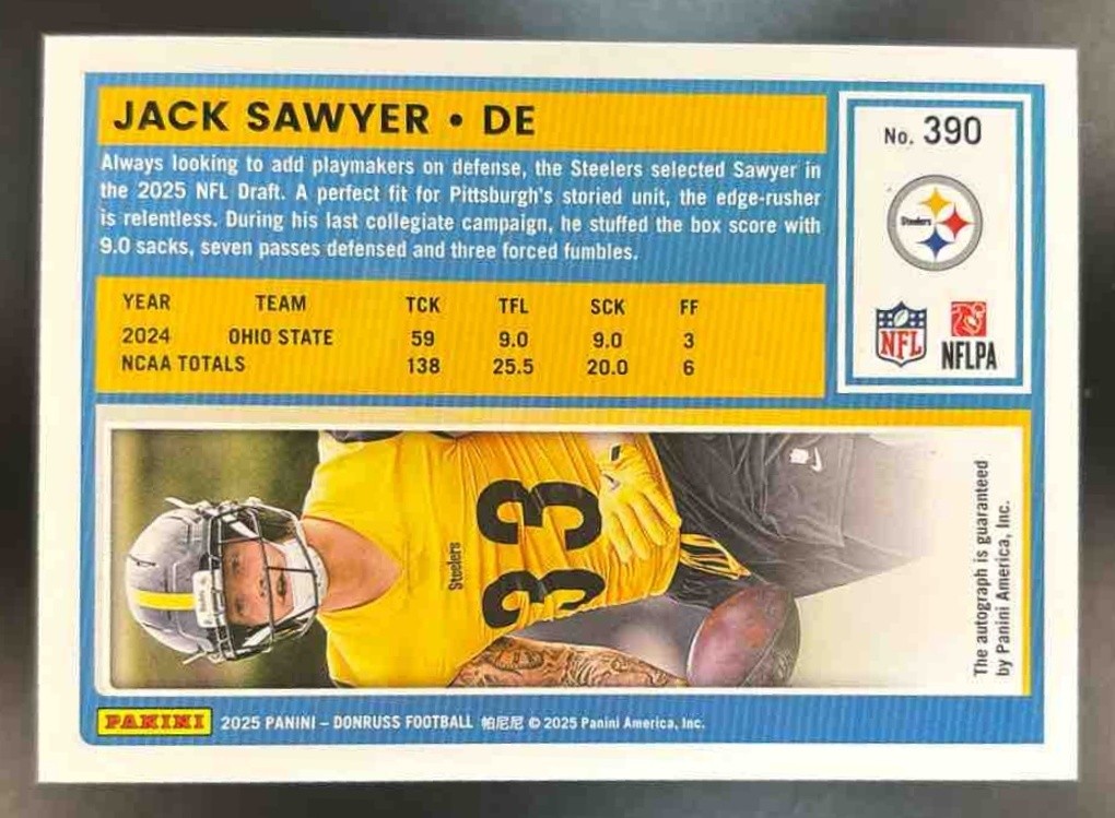 2025 Panini Donruss Jack Sawyer Auto Green #390 RC Pittsburgh Steelers - Sports Cards