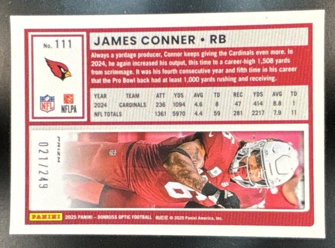 2025 Panini Donruss Optic James Conner Blue Prizm /249 #111 Arizona Cardinals - Sports Cards