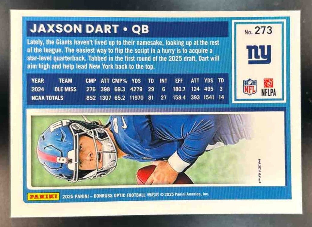 2025 Panini Donruss Optic Jaxson Dart Purple Shock Prizm #273 New York Giants - Sports Cards