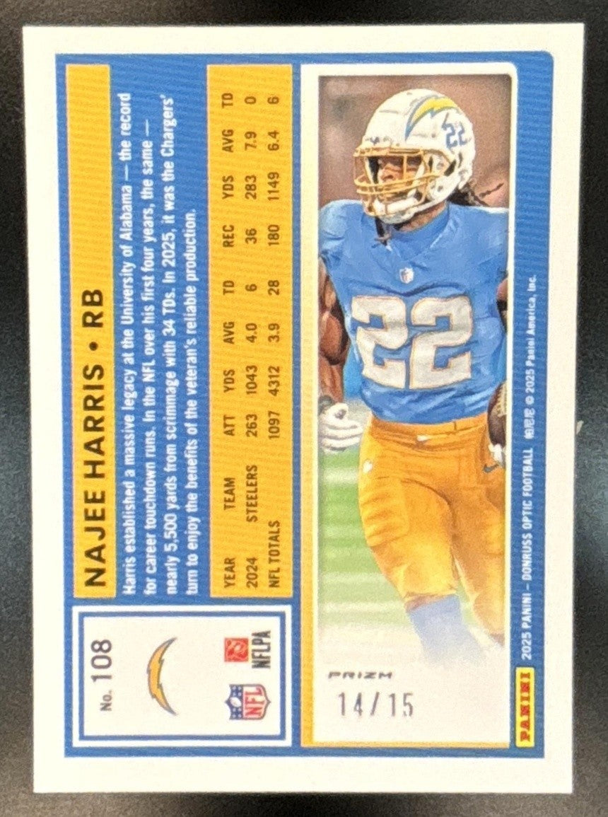 2025 Panini Donruss Optic Najee Harris Neon Yellow /15 #108 Los Angeles Chargers - Sports Cards