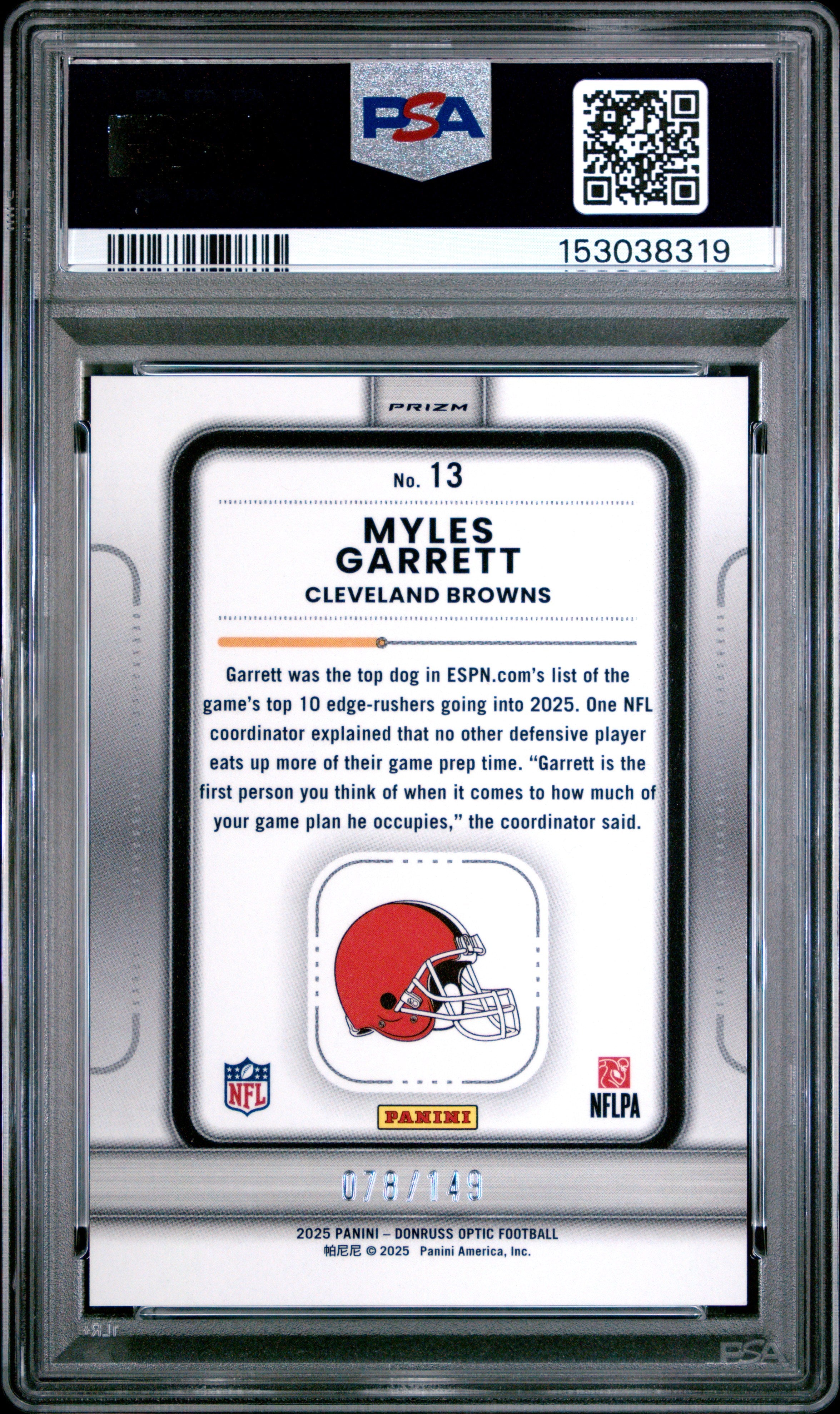 2025 Panini Donruss Optic Play Action Myles Garrett Black Pandora #13 PSA 8 - Graded Sports Cards