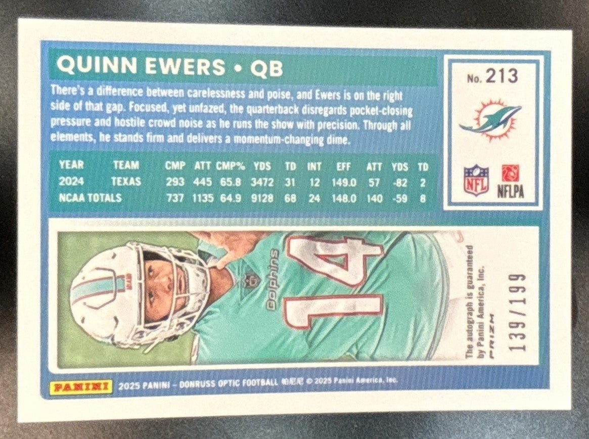 2025 Panini Donruss Optic Quinn Ewers RPS Auto Holo /199 #213 Miami Dolphins - Sports Cards