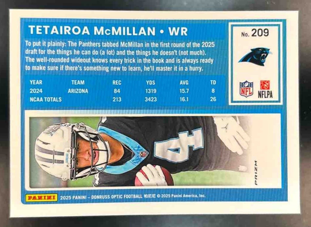 2025 Panini Donruss Optic Tetairoa McMillan Fire Prizm #209 Carolina Panthers - Sports Cards