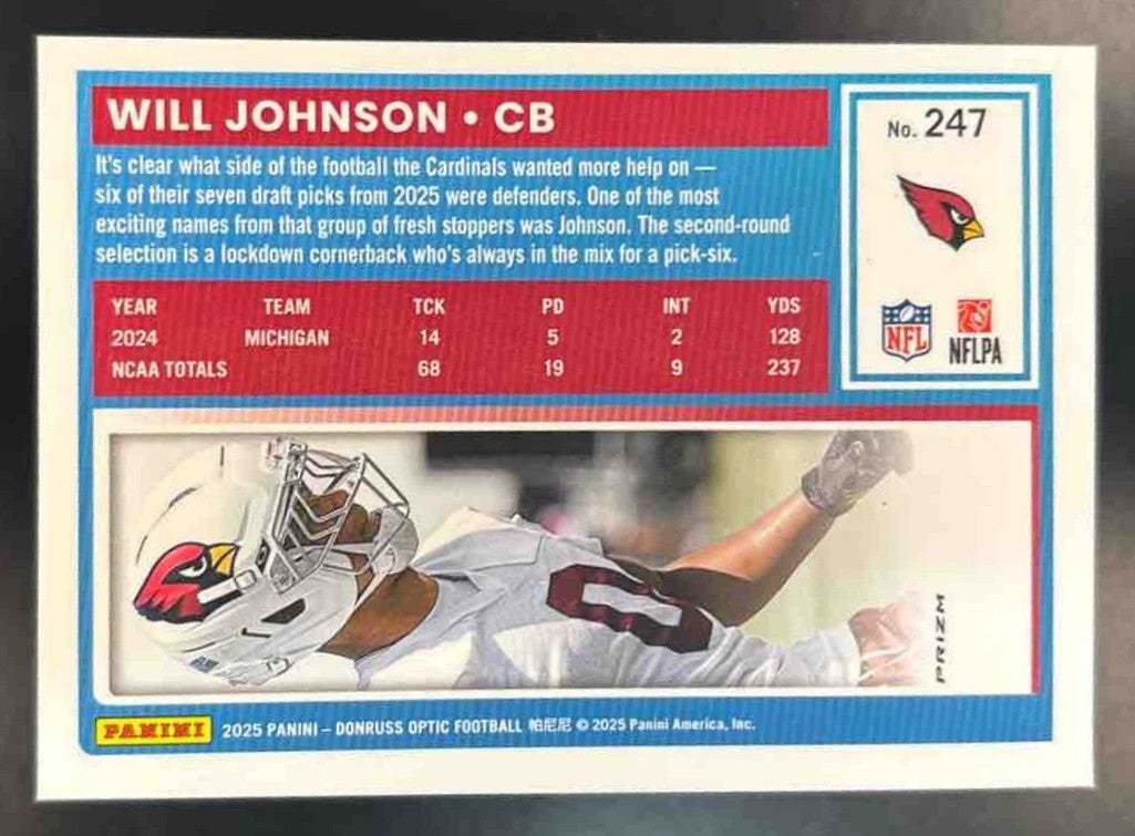 2025 Panini Donruss Optic Will Johnson Fire Emoji RC #247 Arizona Cardinals - Sports Cards