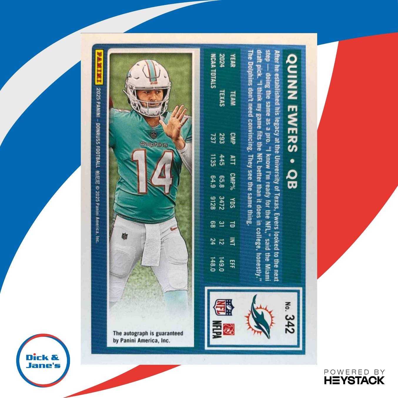 2025 Panini Donruss Quinn Ewers Rated Rookie Auto /199 #342 RC - Sports Cards