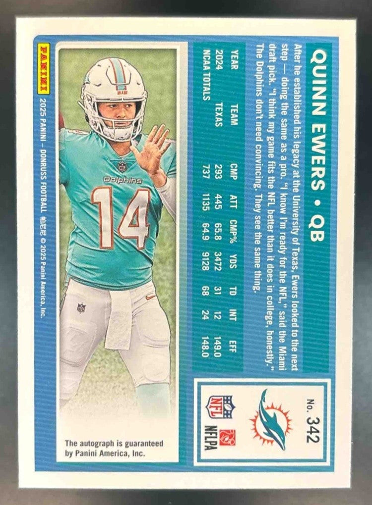 2025 Panini Donruss Quinn Ewers Rated Rookie Auto Green #342 RC Miami Dolphins - Sports Cards