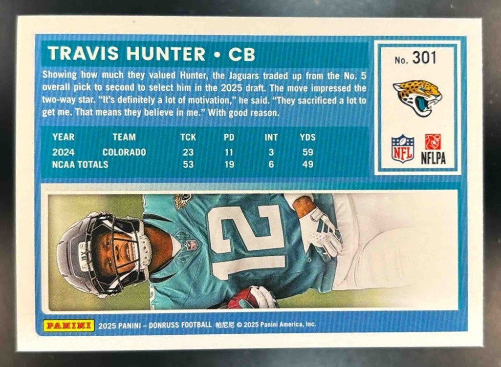 2025 Panini Donruss Travis Hunter Press Proof Green #301 RC Jacksonville Jaguars - Sports Cards