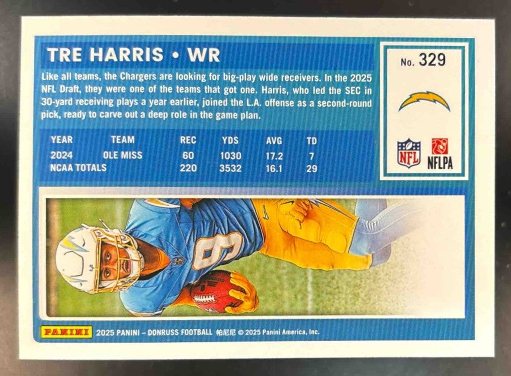 2025 Panini Donruss Tre Harris #329 Gold 50/50 Book End RC Los Angeles Chargers - Sports Cards