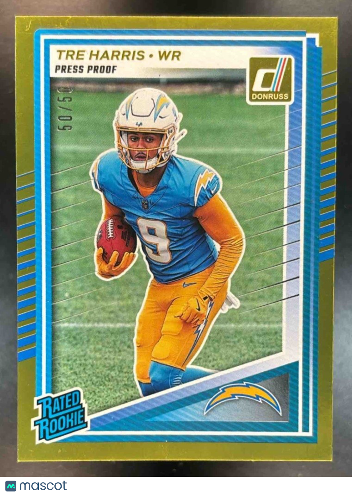 2025 Panini Donruss Tre Harris #329 Gold 50/50 Book End RC Los Angeles Chargers - Sports Cards