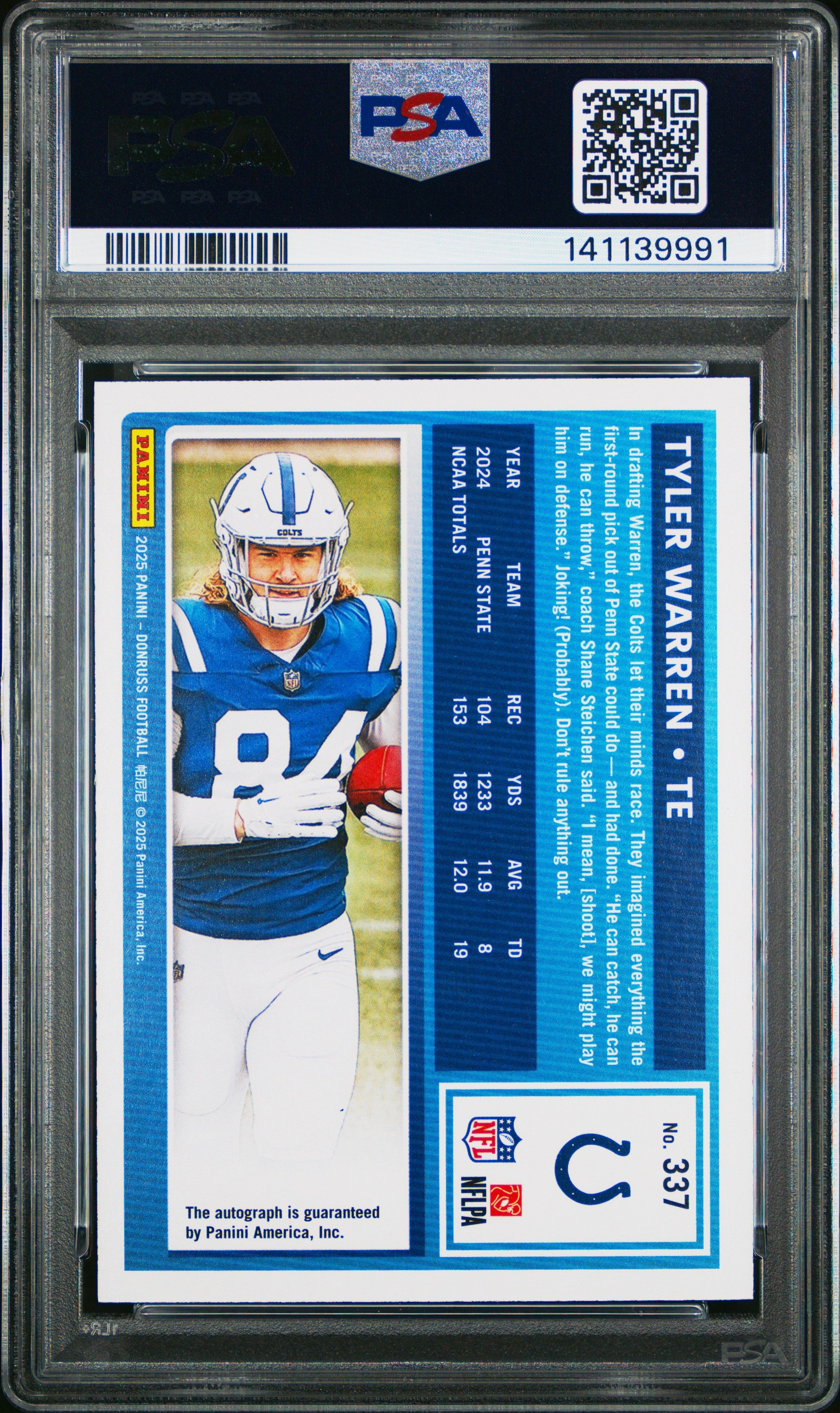 2025 Panini Donruss Tyler Warren Autograph 011/199 #337 PSA 10 GEM MINT - Graded Sports Cards