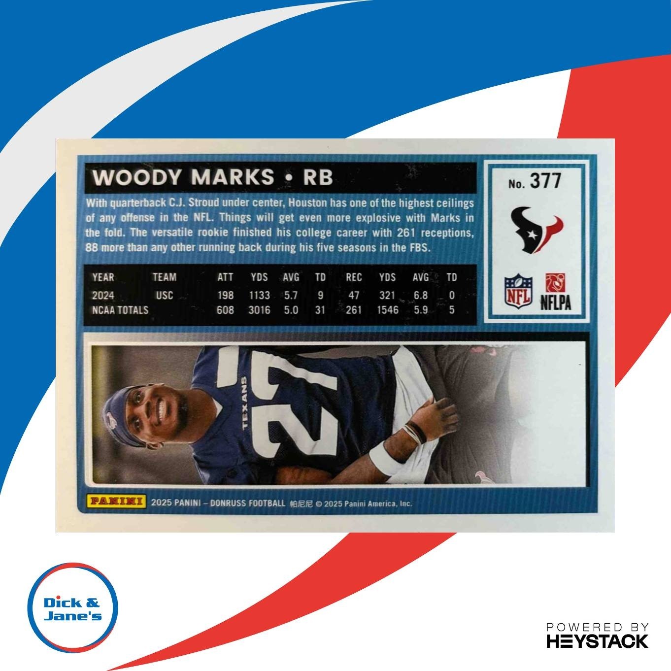 2025 Panini Donruss Woody Marks Rated Rookie Press Proof Black 1/10 #377 Texans - Sports Cards