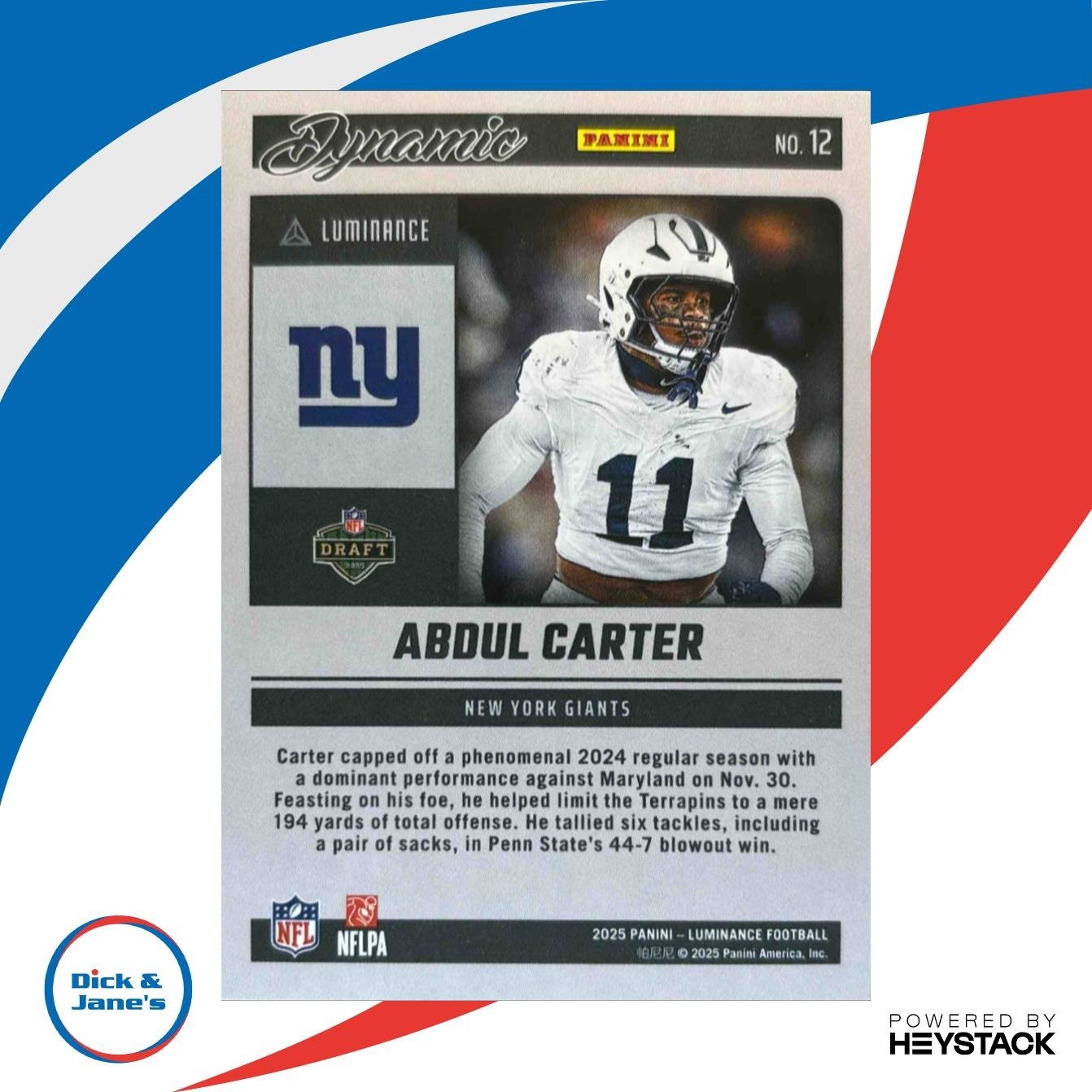 2025 Panini Luminance Abdul Carter Dynamic Rookies #12 New York Giants - Sports Cards