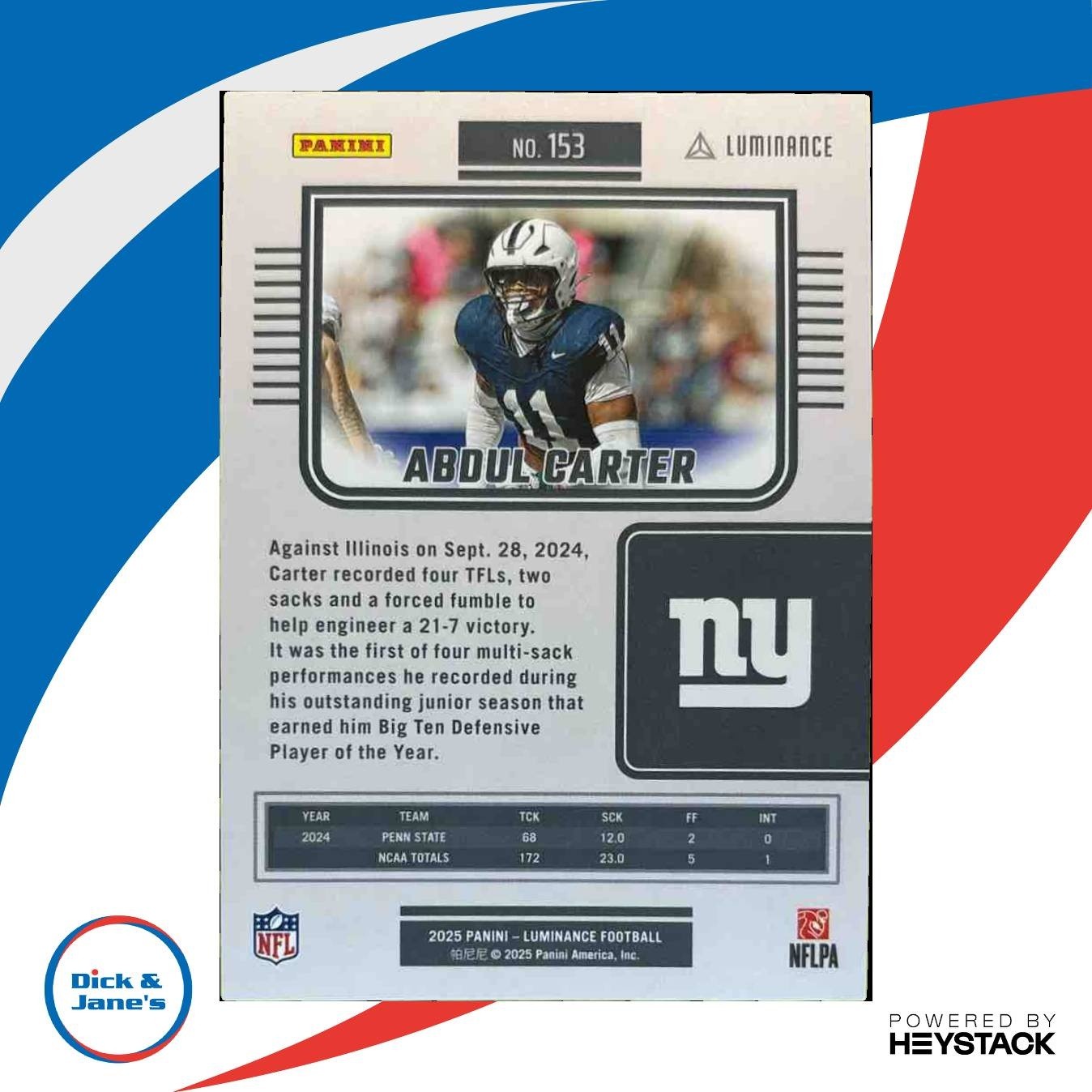2025 Panini Luminance Abdul Carter Purple /249 #153 RC New York Giants - Sports Cards