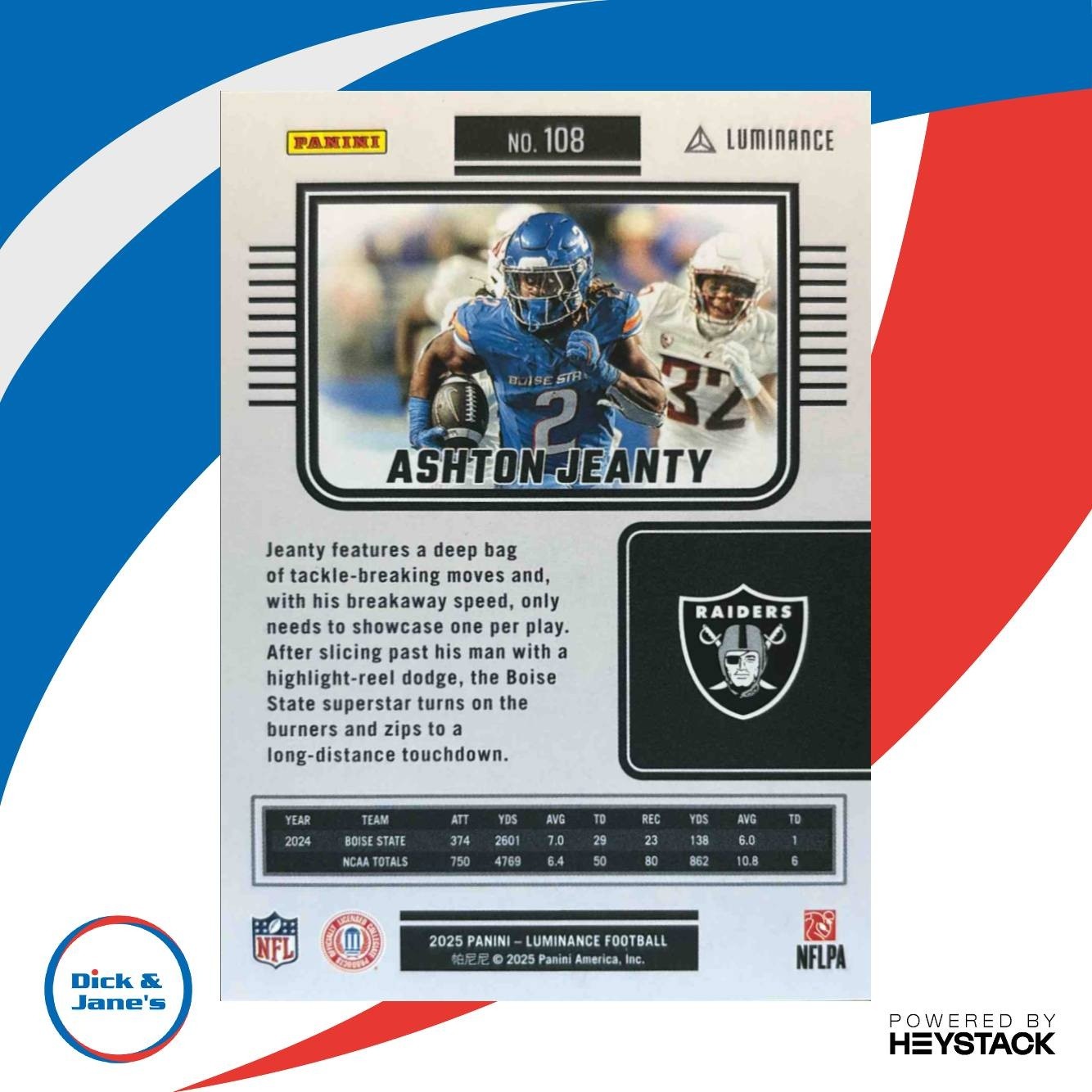 2025 Panini Luminance Ashton Jeanty Teal /35 #108 RC Las Vegas Raiders - Sports Cards